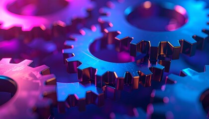 Close-up of interlocking cogs in neon light