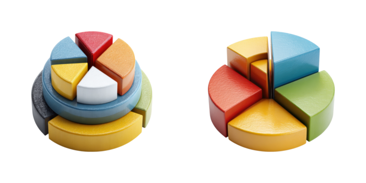 Creative colorful pie charts office bright top, isolated on transparent background, png set