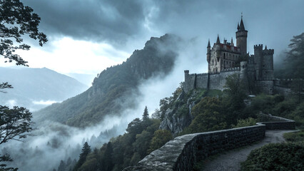 Dark moody castle on mountain with stone walls and foggy fantasy landscape