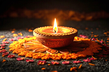 Diwali diya candle glowing with warm orange light in dark background