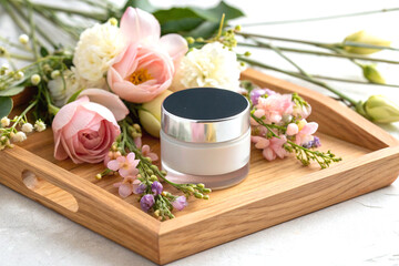 Elegant cosmetic jar displayed with flowers on a wooden tray arrangement