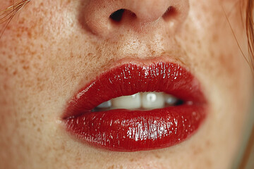 Close-Up of Beautiful Red Lips with Glossy Sensual Shine
