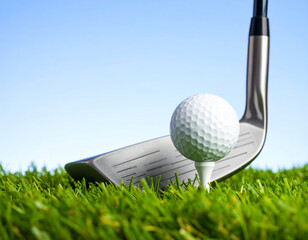Golf club and ball on tee, ready to play on a green grass field, clear blue sky in background, close-up sport photography