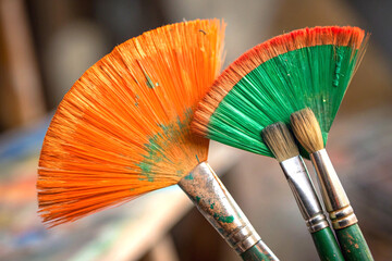 Close up of two fan shaped brushes with vibrant orange and green paint