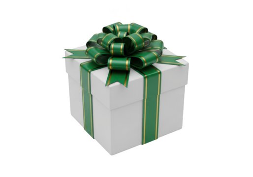White gift box with green ribbon isolated on transparent background