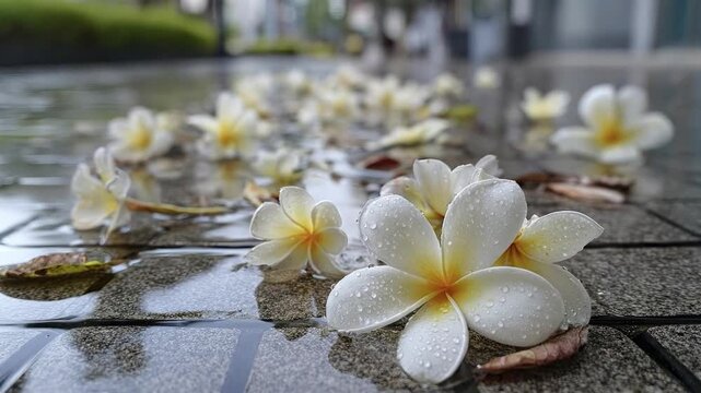 Close-up of beautiful white and yellow tropical flowers, likely plumeria, scattered across a wet, tiled ground surface. Each delicate petal is adorned with glistening water droplets, creating a fresh 
