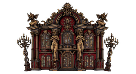 Fototapeta premium Enter the Haunted Mansion featuring stained glass, statues, and ornate details conveying a chilling, gothic, and fantastical experience for Halloween lovers