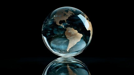 A clear glass globe depicting Earth s continents rests on a reflective surface against a dark background