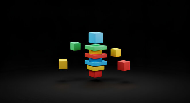 Colorful cube tower with floating blocks against dark background rendering - Powered by Adobe
