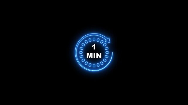 Blue Neon 1 Minute Timer Icon with Arrow on Black Background one minute clock