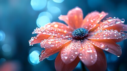A delicate pink flower covered in water droplets against a soft blue bokeh background