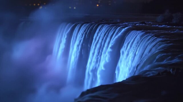Experience the majestic power of a grand waterfall at night, dramatically illuminated by vibrant blue and purple lights. The continuous flow of water creates a breathtaking spectacle, generating a mys