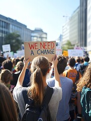 A diverse crowd of young people holds a  We Need a Change  sign during an urban street protest