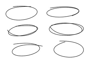 Six hand drawn oval shapes with a single line stroke, isolated on transparent background