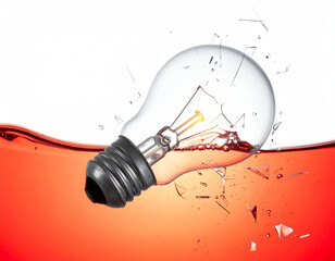 Conceptual explosion of a light bulb submerged in red liquid, representing a brilliant idea or sudden insight