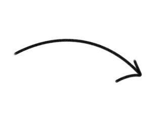 Hand drawn curved arrow pointing downwards and to the right, isolated on transparent background