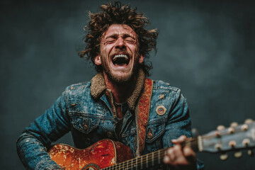 Energetic Rock Singer Performing with Electric Guitar and Microphone on Grey Background