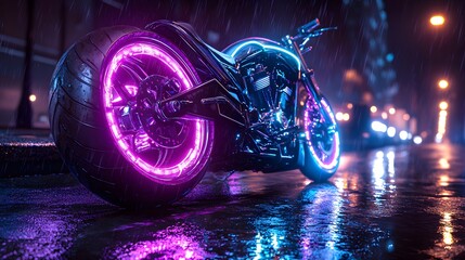 A futuristic neon glowing motorcycle with purple and blue lights on a wet reflective street at night