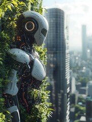 A futuristic robot integrated with lush green plants stands on a vertical garden against a modern city skyline
