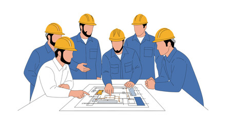 Construction workers discussing blueprints on a table.