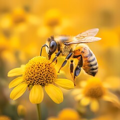 A fuzzy bee actively collects nectar from a vibrant yellow flower in the sunlight