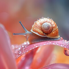 A garden snail with a spiral shell traverses a pink flower petal adorned with sparkling dew drops