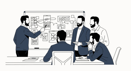 Team of professionals discussing UX design on a whiteboard during a meeting.