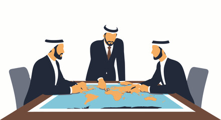 Arab businessmen discussing global strategy around world map.