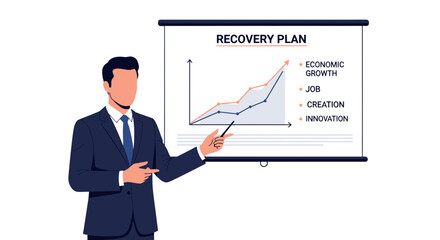Business presentation on economic recovery plan with graph and presenter.