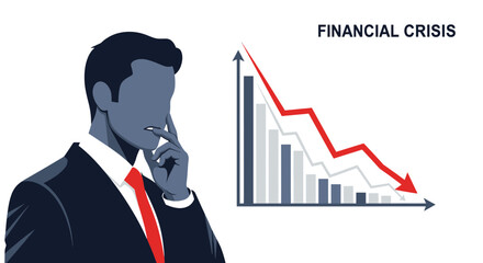 Financial crisis concept with businessman and graph showing economic decline.