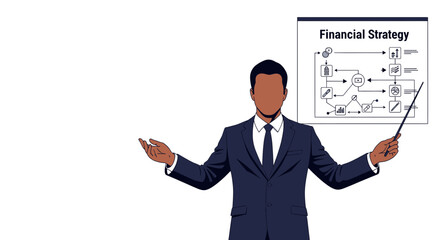 Business professional presenting financial strategy diagram with pointer.