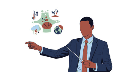 Climate change presentation with a man pointing at the effects of global warming.