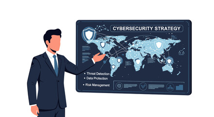 Cybersecurity Strategy Presentation with Businessman Pointing at World Map.