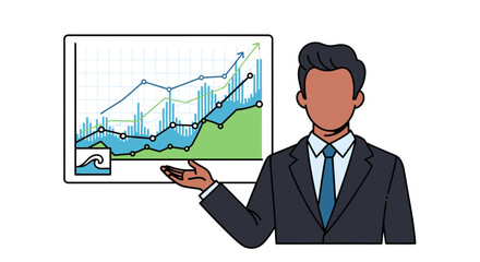 Business professional presenting financial growth chart showing positive trends and data analysis.