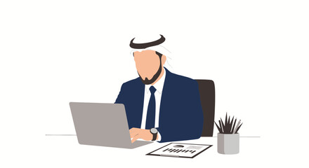 Arab businessman working on laptop at desk with documents and pens.