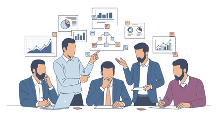 Business team meeting discussing financial strategy and data analysis.