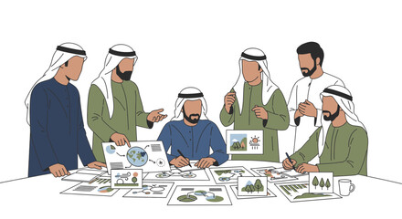 Arabian men in traditional attire discussing business plans at a table.