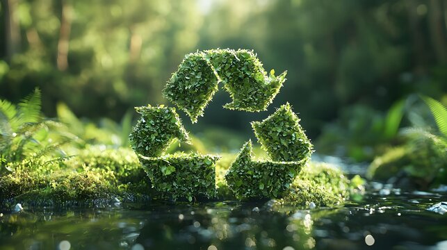 A green recycling symbol made of lush vegetation sits in a natural forest environment near water