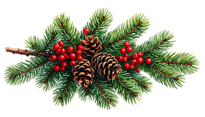 Evergreen sprig with pine cones and red berries for holiday decoration.