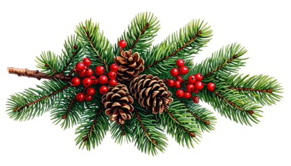 Evergreen sprig with pine cones and red berries for holiday decoration.