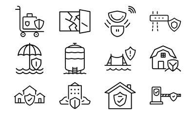 Property Insurance Line Icons – Home, Flood, Fire, Travel, and Security Protection Symbols – Minimalist Outline Vector Icon Set for Business, Finance, and Insurance Design