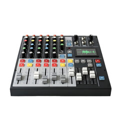 Audio mixer console with knobs and faders on transparent background