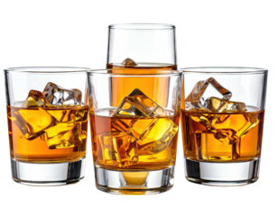 Several clear glasses filled with amber whiskey and ice cubes.