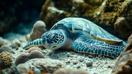 A majestic Green Sea Turtle rests peacefully on a vibrant coral reef seabed