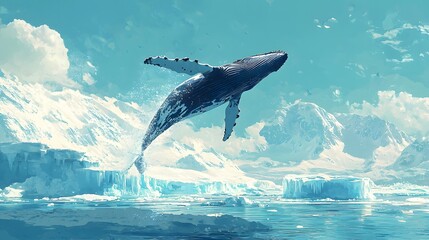 A majestic humpback whale breaches dramatically from the icy arctic ocean surrounded by snow capped mountains and glaciers