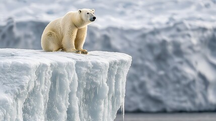 A majestic polar bear sits on the edge of a large ice floe in the Arctic wilderness