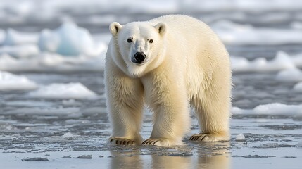A majestic polar bear stands on fragile melting ice in the vast Arctic wilderness a powerful symbol of changing environmental conditions