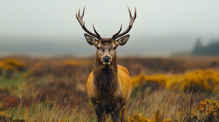 A majestic stag with large antlers stands in a misty autumnal field