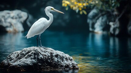 A majestic white egret stands poised on a weathered rock overlooking tranquil blue waters in a serene natural habitat