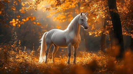 A majestic white horse stands serenely in a sun drenched autumn forest